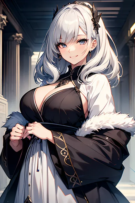 anime woman, young woman, ((solo)), ((1 lady)), long white hair, black dress, fancy simple dress, white haired lady, grinning lasciviously, perfect young woman, well-behaved clothes, gentle face, wearing aristocrat robe, gentle smile, ((high quality)), ((v...