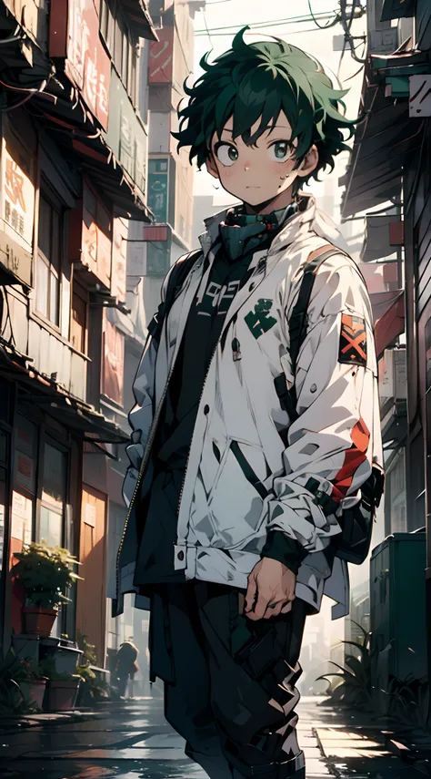 (midoriya_izuku), (high resolution), (ultra detailed), full body shot, look at viewer, street wear, a handsome boy, frontal, gre...