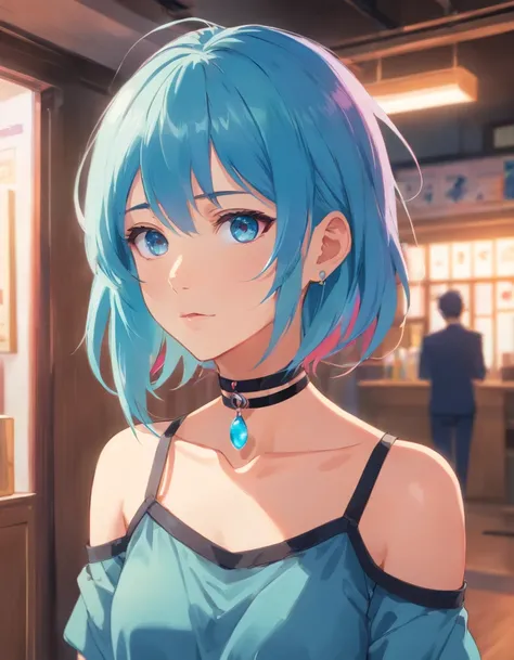 1girl, aqua eyes, bangs, black choker, blue hair, bright pupils, choker, closed mouth, collarbone, earrings, hair between eyes, indoors, jewelry, long hair, looking at viewer, multicolored hair, pink hair, shirt, solo, streaked hair, two-tone hair, upper b...