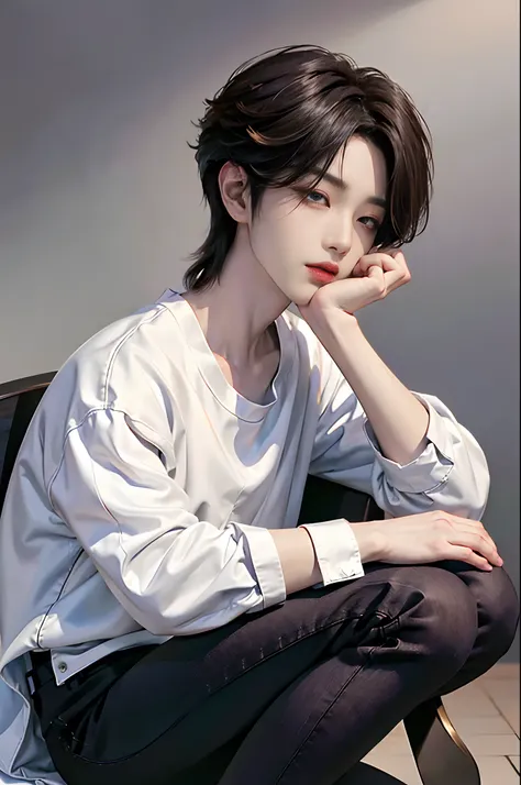 ​masterpiece、（top-quality)、((high-level image quality))、One Manly Boy、Slim body、((White Y-shirt and long black pants))、(Detailed beautiful eyes)、September Night Road、sitting on a curb、Face similar to Chaewon in Ruseraphim、((short hair above the ears))、((Sm...