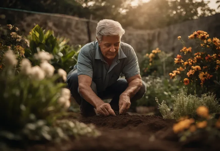 Homem jardineiro 50 anos, is in your garden, He has his hands in the dirt planting flowers, jardim com flores belas, flores raras, ambiente lindo