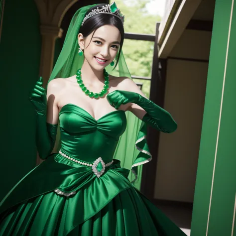 emerald tiara, Green Pearl Necklace, Boyish very short black hair, lipsticks, Japan woman smiling, very short short hair, big breasts beautiful, Green eyes, Long green gloves made of satin material, Green eyes, Emerald Earrings, The tattoo