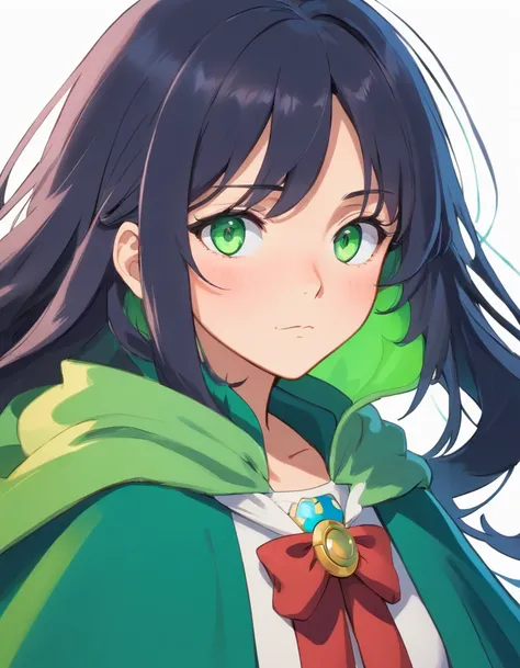 1girl, black hair, cape, facial mark, green eyes, hair between eyes, long hair, looking at viewer, multicolored hair, official style, parody, solo, two-tone hair, white hair