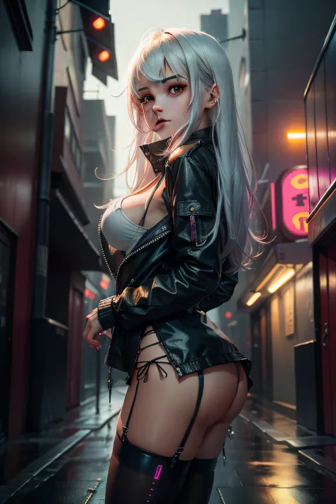 （best qualtiy，tmasterpiece：1.3）， beuaty girl， Rainy days， Mist， alleys， looking at viewert， facing the photo， Cyberpunk-city， Alone in the alley， Neon lights in the alley， Very reflective city， long whitr hair，  leg-garter，Tight miniskirt，nedium breasts，Cl...