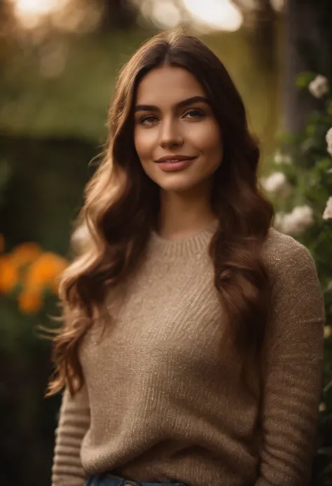 masterpiece,DSLR photo,analog style,nikon d5,real photo,a photo of a beautiful 20 year old woman,dramatic lighting (85mm),with Blooming garden in the background,(detailed facial features),(detailed shiny eyes),dynamic angle,Michelangelo style,long hair,tur...