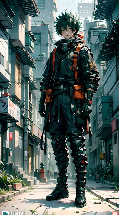 (midoriya_izuku), (high resolution), (ultra detailed), full body shot, look at viewer, street wear, a handsome boy, frontal, gre...