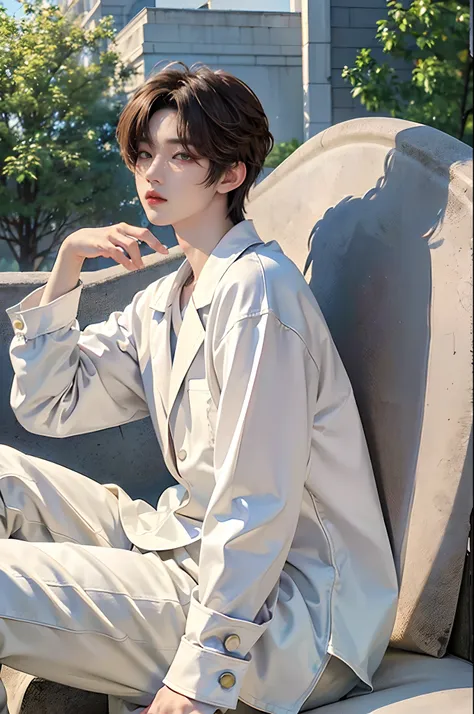 ​masterpiece、（top-quality)、((high-level image quality))、One Manly Boy、Slim body、((White Y-shirt and long black pants))、(Detailed beautiful eyes)、September Night Road、sitting on a curb、Face similar to Chaewon in Ruseraphim、((short hair above the ears))、((Sm...