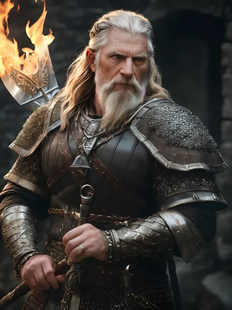 (Highest quality:1.3), cinematic shot, masterpiece, (sharp focus:1.5), (photorealistic:1.3),  medium portrait of (a weary-looking but still proud and fierce-looking old Viking warrior, now the leader of his village, dressed in elaborately detailed chain ma...