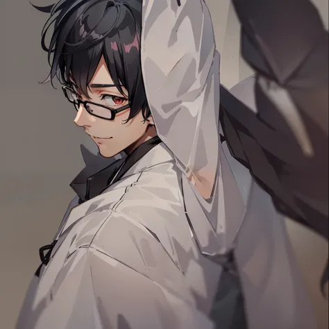 A japanese man with short, black hair. He has dark eyes, and wears a black cloak with a white-button up shirt underneath. He has a sharp jawline and a smile. He has black-framed glasses.