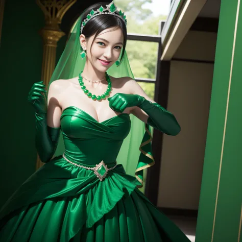 emerald tiara, Green Pearl Necklace, Boyish very short black hair, lipsticks, Japan woman smiling, very short short hair, big breasts beautiful, Green eyes, Long green gloves made of satin material, Green eyes, Emerald Earrings