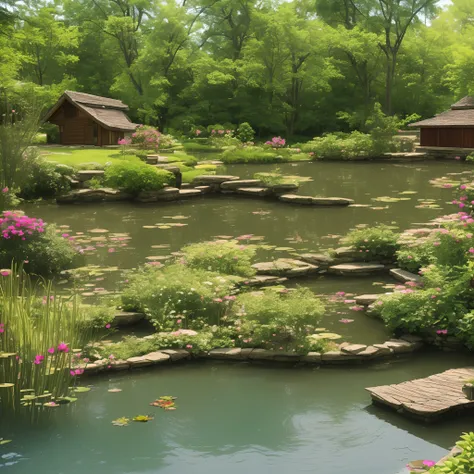 a cottage and fish pond with lotus