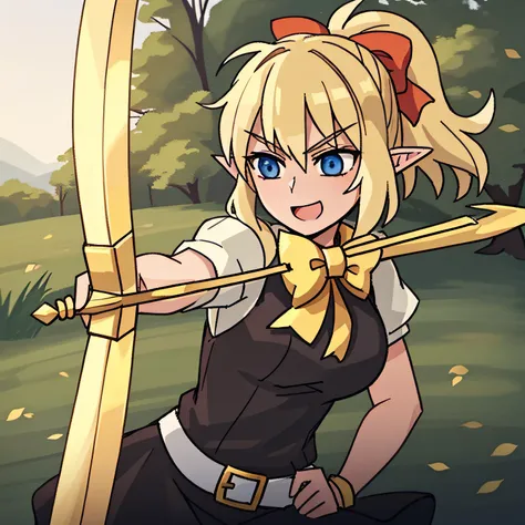 blond elf girl, holding bow, in medieval dress, dynamic pose, aims a bow at us with a cocked arrow