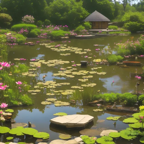 a cottage and fish pond with lotus