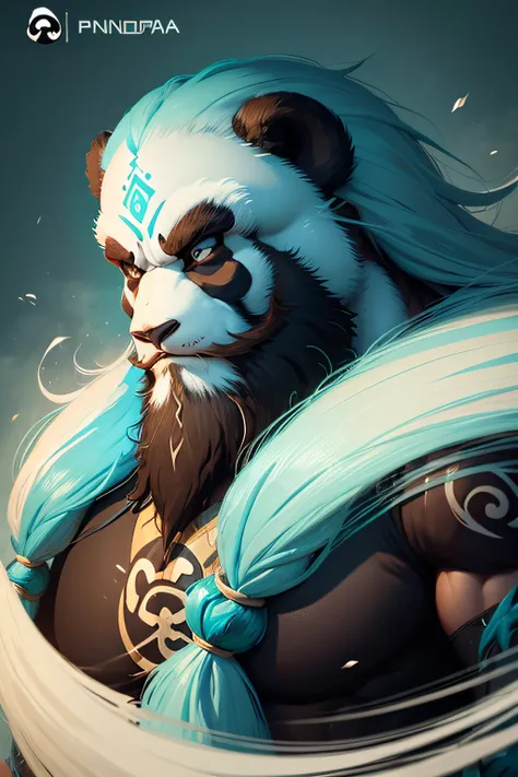 ((Panda Logo))) mist of Pandaria style, (((long hair  with a long beard))), turquoise eyes, (((((aggressive features))))), perfect design