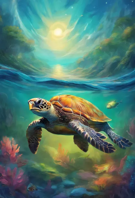 There is a sea turtle that has a face of cute cat swimming underwater in the sea, the turtle has a cute cat face, with turtle shell, diving in the water,