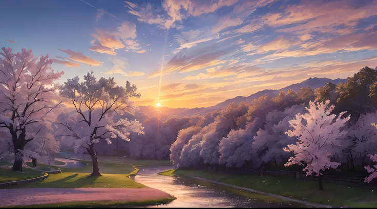 (masterpiece, best quality:1.2), ultra detailed, cinematic lighting, HDR, ilustration, landsape, sunrise, cherry blossom, impressive, chill, inspirational,