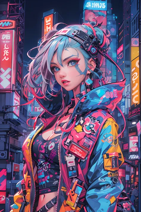 an anime illustration of a cyberpunk girl, looking at viewer, cowboy shot, confident cyberpunk girl with sassy expression, ((har...