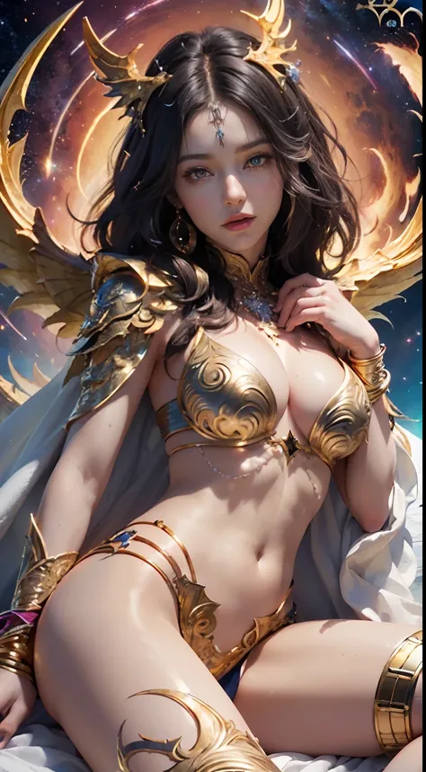 (masterpiece, top quality, best quality, official art, beautiful and aesthetic:1.2), (1girl), extreme detailed eyes, (fractal art:1.3), colorful, highest detailed, (perfect face), shiny skin, HDR, (white cloak golden lines:1.2), galaxy, (light streaks), st...