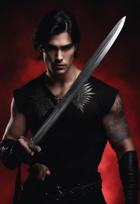 handsome man, feminine face, black hair, half neck lenght hair, one eye covered, red eye, choker with cross, broken wings, wearing all black, cross tattoo on arm, annoyed face, full lips, hot, Dark creepy background, holding sword