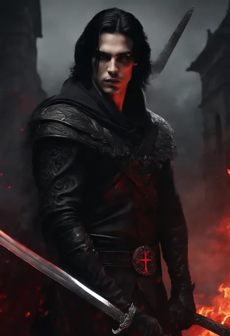 handsome man, feminine face, black hair, half neck lenght hair, one eye covered, red eye, choker with cross, broken wings, wearing all black, cross tattoo on arm, annoyed face, full lips, hot, Dark creepy background, holding sword