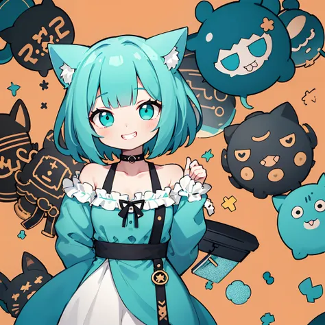 portrait of solo catgirl, (short fluffy turquoise hair in a wavy bob-cut), grin, smile, hands behind back, (white off-shoulder s...