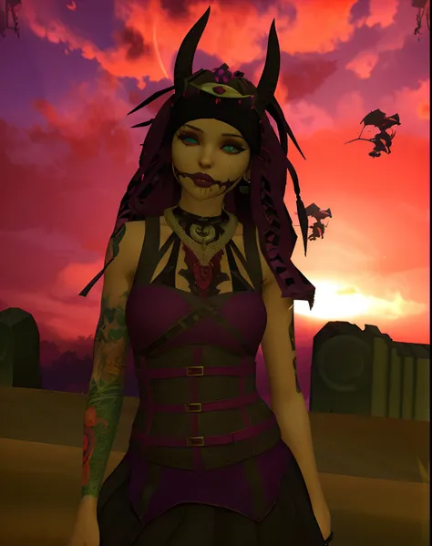 arafed woman with a tattoo and a purple dress in a field, second life avatar, cybergoth, heavenlydaemonic, dressed in crustpunk clothing, evil princess of the wasteland, mall goth, dusk setting, goth girl, at purple sunset, vampire of clan lasombra, inspir...