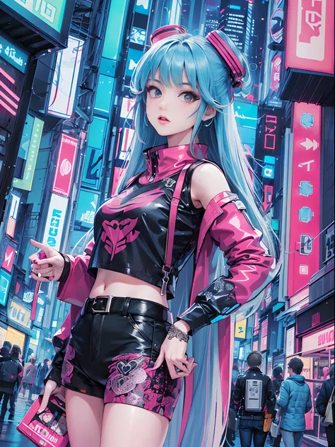 an anime illustration of a cyberpunk girl, looking at viewer, cowboy shot, confident cyberpunk girl with sassy expression, ((har...