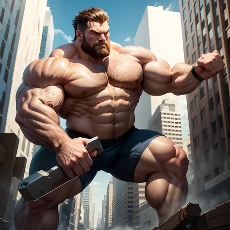 Muscular giant man smashing a building of ours his muscular arms