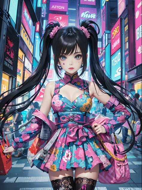 An anime illustration of a teenaged girl, looking at viewer, cowboy shot, confident cyberpunk girl with sassy expression, ((Harajuku-inspired pop outfit)), bold colors and patterns, eye-catching accessories, trendy and innovative hairstyle, vibrant makeup,...