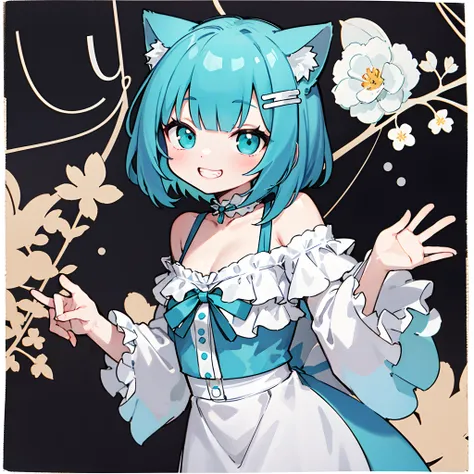 solo portrait catgirl, (short fluffy turquoise hair in a wavy bob-cut), grin, smile, hands behind back, (white off-shoulder sundress), cute neko pose, colorful background, masterpiece, ribbons