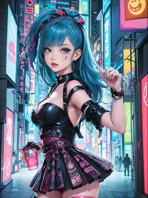 An anime illustration of a girl, looking at viewer, cowboy shot, confident cyberpunk girl with sassy expression, ((Harajuku-inspired pop outfit)), bold colors and patterns, eye-catching accessories, trendy and innovative hairstyle, vibrant makeup, ((dynami...