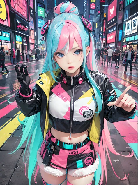 an anime illustration of a girl, cowboy shot, confident cyberpunk girl with sassy expression, ((harajuku-inspired pop outfit and...