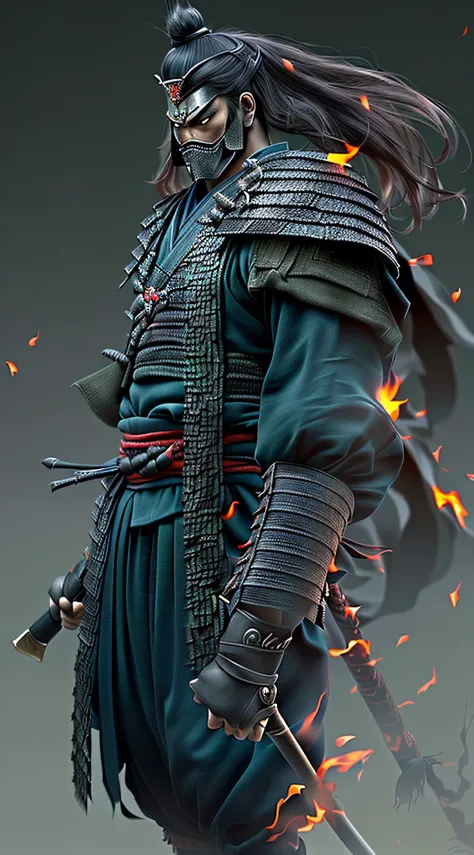 Metallic texture, (Samurai warrior：1.4), tall, Wearing scary samurai mask, The limbs are very stout, angry look, action pose, fighting stance, Look at me condescendingly, disdain, despise, The long hairs of the flame fluttered in the wind, combats, Dynamic...