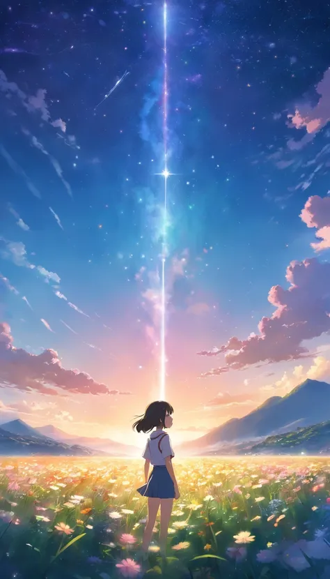 Makoto Shinkai, fotografia de paisagem expansiva , (view from below，Displays the sky above and the clearing below), a girl standing on flower field looking up,  ( Meteoros:0.9), (Nuvem estelar:1.3), Montanha Far, tree BREAK production art, (stars daytime s...