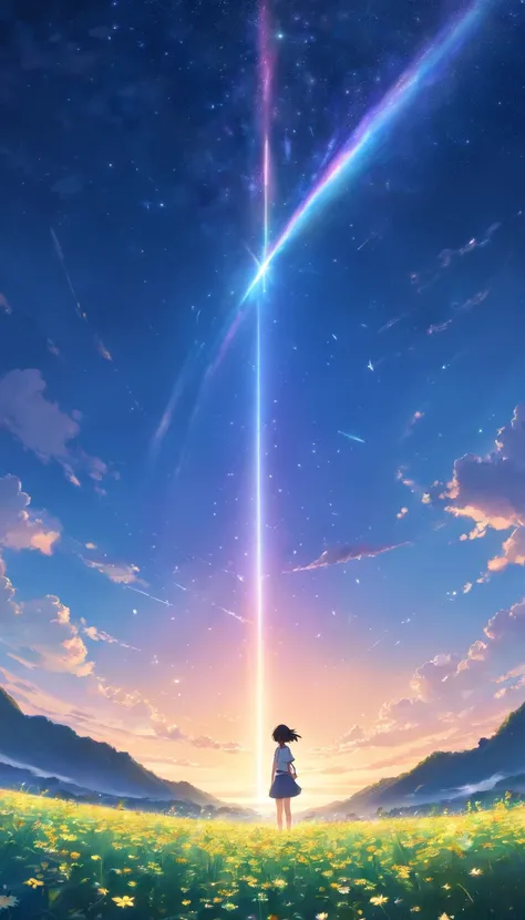 Makoto Shinkai, fotografia de paisagem expansiva , (view from below，Displays the sky above and the clearing below), a girl standing on flower field looking up,  ( Meteoros:0.9), (Nuvem estelar:1.3), Montanha Far, tree BREAK production art, (stars daytime s...