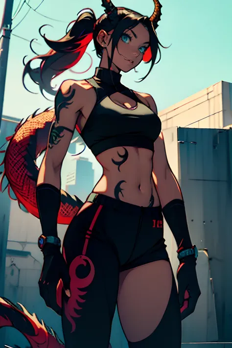 1girl ,Dragon Hybrid, Athletic, girl, dark skin, monster girl, wearing Urban_Gal, horns, tail, sports bra, dragon scales