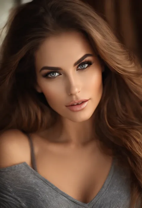 a woman with long brown hair and in a top and tight pants, tumblr, innocent face, evil face, digital art, attractive beautiful face, beautiful model girl, extremely beautiful face, very beautiful sexy figure girl, , beautiful girl model, photo of a beautif...