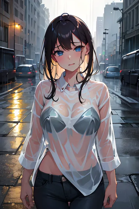 (best quality,highres),beautiful young woman in the rain,glowing wet skin,rain pouring down on her, wet t-shirt and pants, nude bra, reflective puddles,shimmering drops of water,on a rainy street,moody atmospheric lighting,wind-blown hair,in motion,splashi...