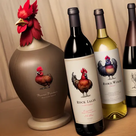 A bottle of wine with the label drawn from a beautiful rooster.