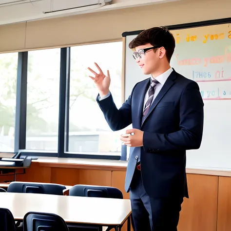 A tall smart male teacher is asking question to the cute kid student in front of all class in school , in a disney style, photography. Hight quality HD pic