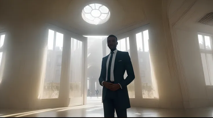 An African concierge stands at the entrance of a large building built in the 1970s in Gennevilliers, france. Its a beautiful day, mais le sol est sale. The man smiled with joy. (Best quality, 4K, high resolucion, Masterpiece:1.2), Ultra-detailed, Realstic:...