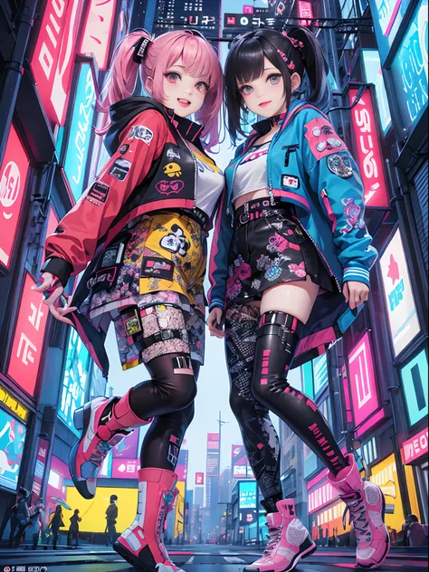 An anime illustration of 2 happy cyberpunk girls, confident cyberpunk girls with smiling expression, ((Harajuku-inspired pop outfit and tech jacket)), bold colors and patterns, eye-catching accessories, trendy and innovative hairstyle, vibrant makeup, ((dy...