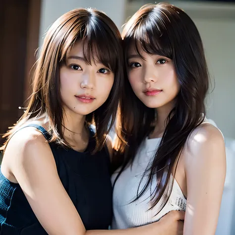 (8K、Raw photography、top-quality、​masterpiece:1.2)、(realisitic、Photorealsitic:1.37)、ultra-detailliert、超A high resolution、Identical twin sisters hugging each other、see the beholder、beautifull detailed face、A smile、Constriction、(Slim waist) :1.3)、Tank Tops、Be...