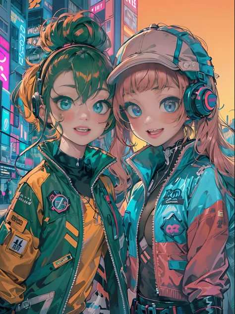 an anime illustration of 2 happy cyberpunk girls, confident cyberpunk girls with smiling expression, ((harajuku-inspired pop out...