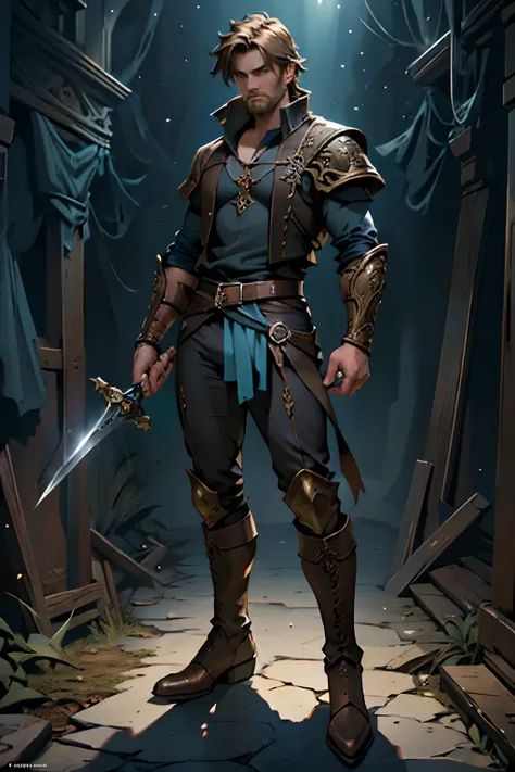 masterpiece, best quality, ultra wide shot, fantasy art, dnd art, rpg art, realistic art, a man (Masterpiece, best quality: 1.6) young male Ranger holding a short sword in one hand and a tomahawk in the other, medium length brown hair with a light beard, f...