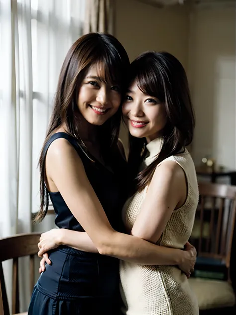 (8K、Raw photography、top-quality、​masterpiece:1.2)、(realisitic、Photorealsitic:1.37)、ultra-detailliert、超A high resolution、Identical twin sisters hugging each other、see the beholder、beautifull detailed face、A smile、Constriction、(Slim waist) :1.3)、Tank Tops、Be...