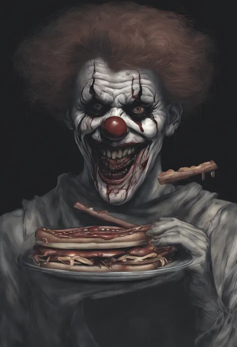 a happy clown eating hotdogs, nsfw, lewd, nude,