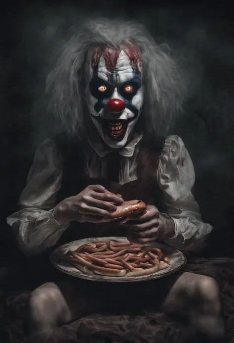 a happy clown eating hotdogs, nsfw, lewd, nude,