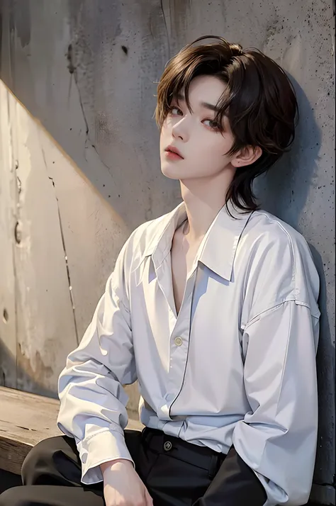 ​masterpiece、（top-quality)、((high-level image quality))、One Manly Boy、Slim body、((White Y-shirt and long black pants))、(Detailed beautiful eyes)、September Night Road、Sitting on the curb and leaning against the wall、Face similar to Chaewon in Ruseraphim、((s...