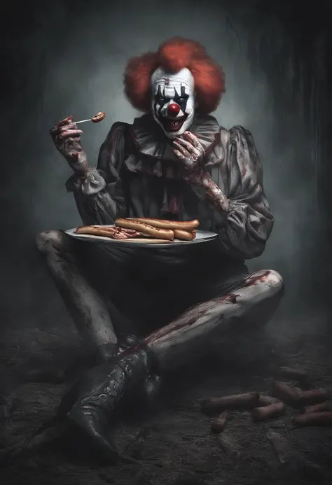 a happy clown eating hotdogs, nsfw, lewd, ,